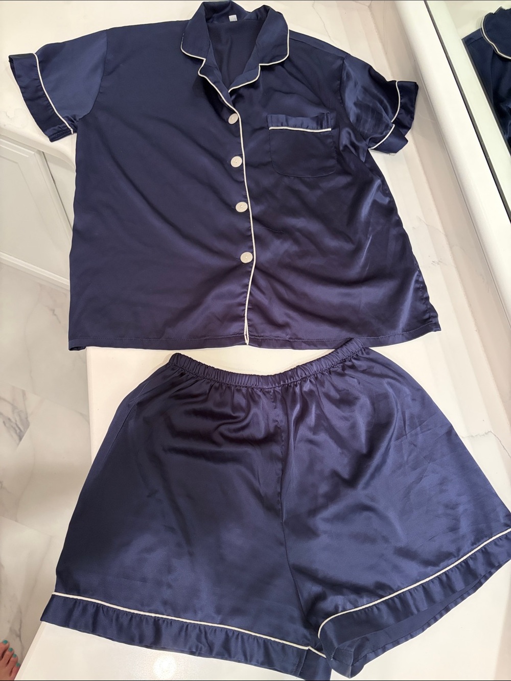 Classic Navy Satin Short Pajama Set with Contrast Piping